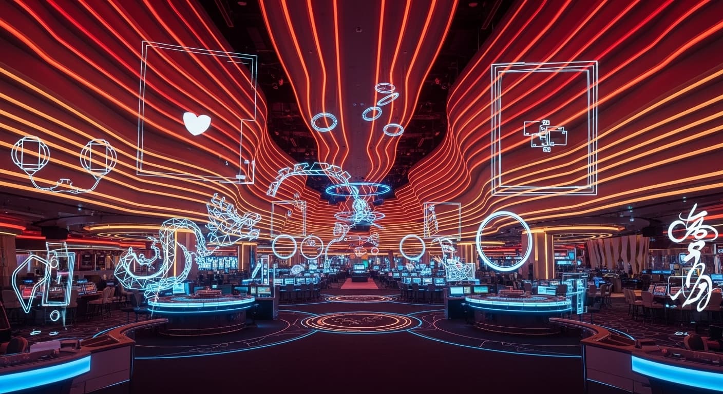 Style: Futuristic editorial interior photography with cinematic tech-lifestyle influence Setting: A next-generation Asian-inspired casino expansion inside a Philippine integrated resort, featuring a vast, sculptural gaming floor with flowing canyon-like architecture. High-tech live casino game show zones are integrated seamlessly into the space, enhanced by holographic overlays and digital design elements that suggest interactive entertainment without showing active gambling. Lighting: Dynamic LED lighting dominated by red, amber, and gold gradients, accented with subtle blue holographic highlights. Embedded edge lighting along floors, walls, and ceilings creates a sleek, futuristic glow with controlled neon bloom. Details: Futuristic Asian live casino game overlays (holographic frames, abstract roulette arcs, card and wheel silhouettes, no text) Minimalist inactive gaming terminals with glowing edges and metallic finishes Neo-Asian design elements such as geometric dragon curves, digital lotus forms, and stylized light calligraphy Circular live game show stages with LED halos and floating light rings Mood: Futuristic, immersive, high-energy Camera: Ultra-wide cinematic lens (18–24mm), HDR, subtle motion blur, controlled neon glow, crisp architectural detail Perspective: Low-to-mid angle wide composition with a strong central vanishing point, layered depth using holographic mid-ground elements, and sweeping architectural lines that draw the viewer into a sleek, futuristic Asian live casino environment